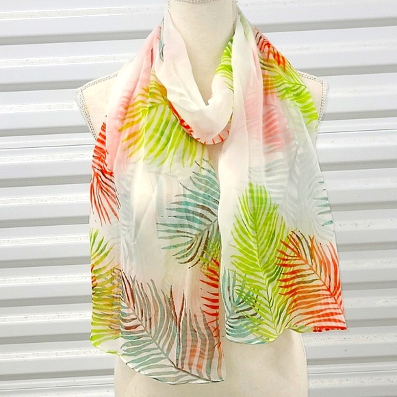 Scarf Sheer Chiffon Colorful Palm Leaf Print Resortwear Cruise Lightweight Layer - Picture 1 of 7